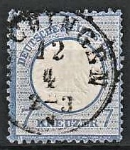 FRIMÆRKER TYSK RIGE: 1872 | AFA 10 | Ørn, lille brystskjold - 7 kr. blå - Stemplet (Rimelig pæn kvalitet)